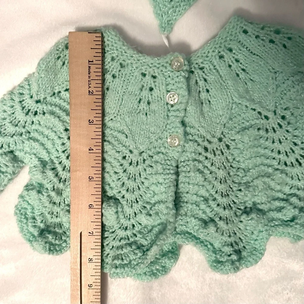 Vintage Hand Knit Crocheted Cardigan Sweater & Bonnet Hat Set 12M Mint Green